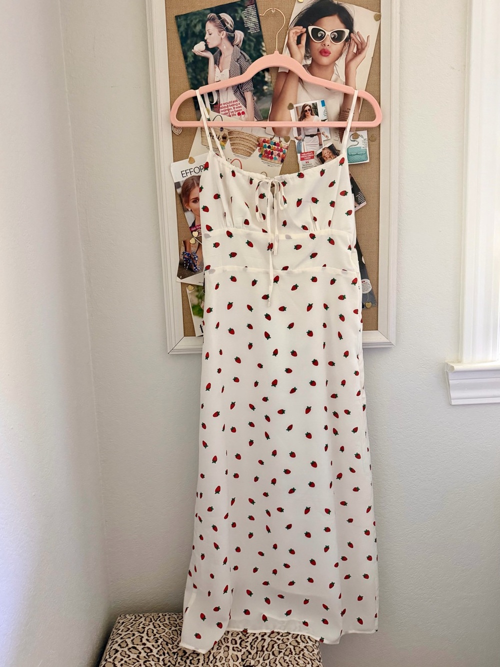 White Slip Dress with Red Strawberry Print